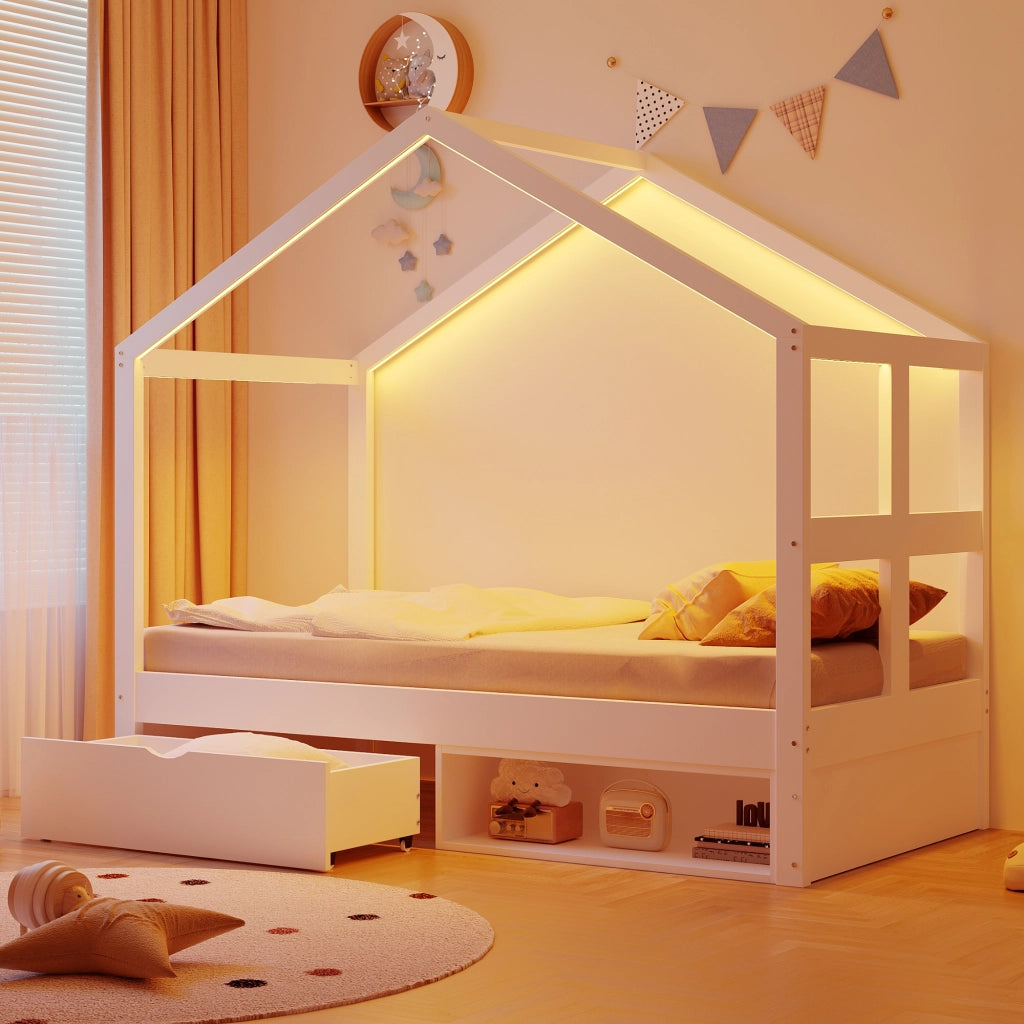 Letto singolo 90 × 190 cm con cassetto portaoggetti, mobile scarpe compatto, LED multicolore, senza materasso, bianco