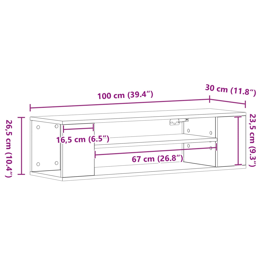Mobile TV da muro  in rovere artigianale, 100x30x26,5 cm, in legno ingegnerizzato