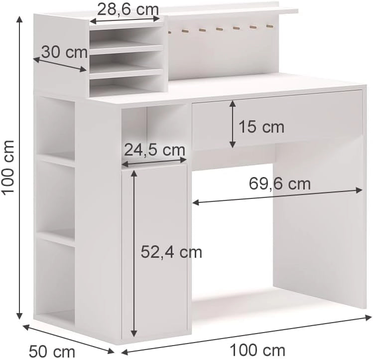 Scrivania, Bianco, 100 x 50 cm, con piano d’appoggio aperto per materiali da lavoro
