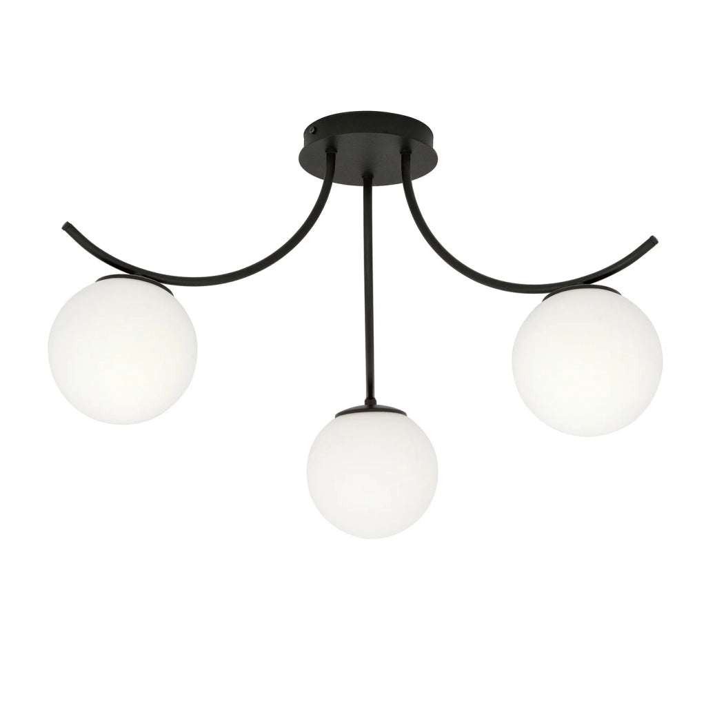 Plafoniera Moderna 3 Luci Coeo In Acciaio Nero E Diffusori In Vetro Opale