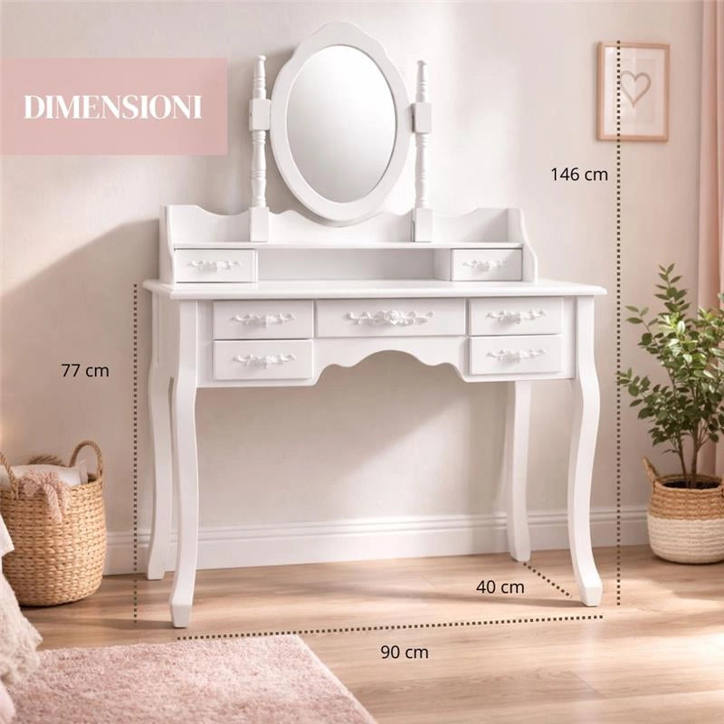 MA MAISON TOELETTA TRUCCO  CON SPECCHIO E SGABELLO BIANCA IN LEGNO 90X40X77/146 CM