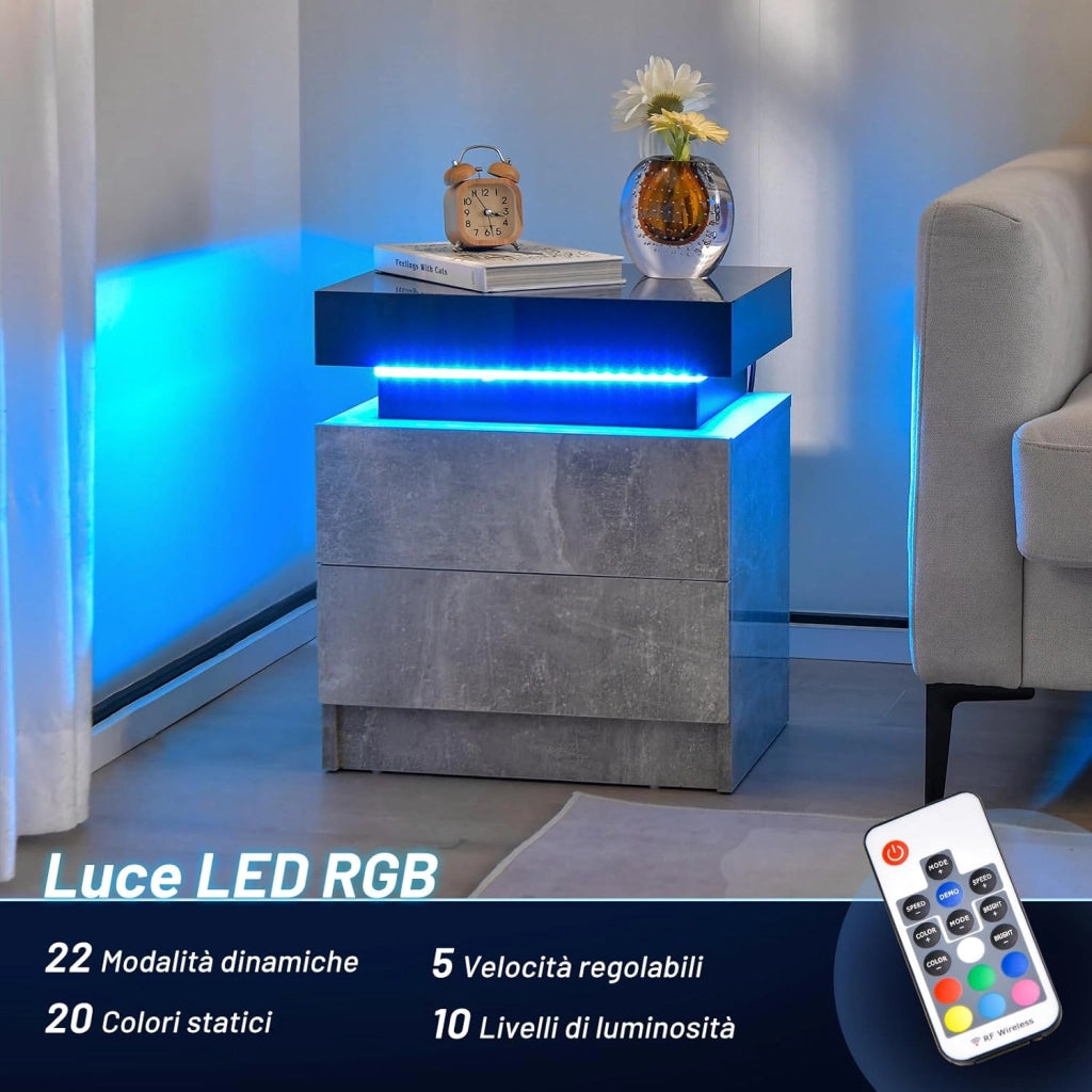 Tavolino da Divano con 2 Cassetti e Luci a LED, Tavolino Moderno con Finitura Lucida Effetto Marmo, Tavolino Laterale per Soggiorno e Camera da Letto, Nero e Grigio, 45 x 35 x 52 cm