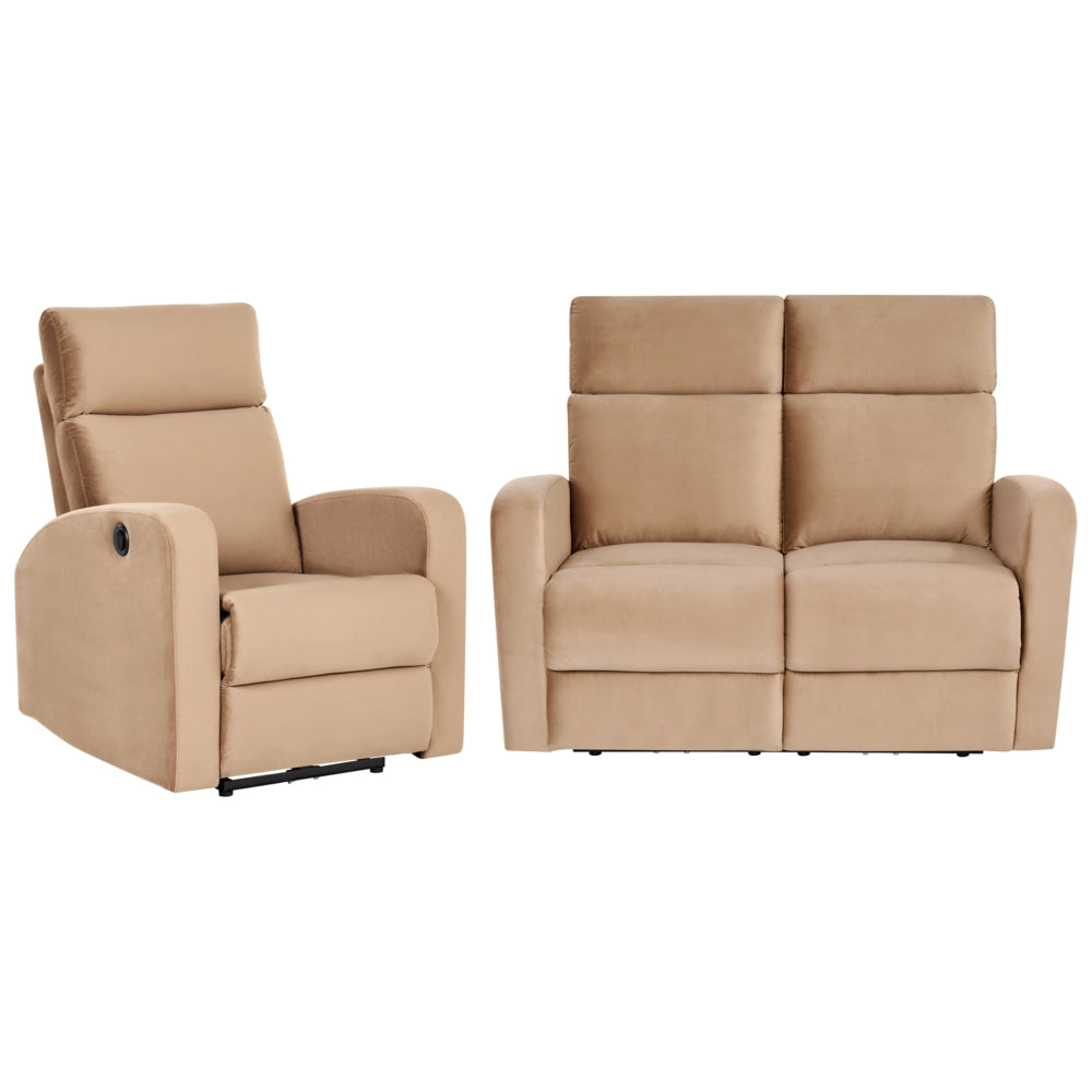 Set divano reclinabile elettrico a 2 posti rivestito in velluto marrone chiaro, poltrona e divano, design moderno, funzione relax