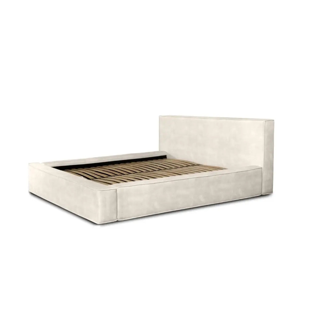 Letto con contenitore VELORA – Perla – 160x200 cm – Tessuto velluto morbido – Rete sollevabile – Spazio di stoccaggio integrato