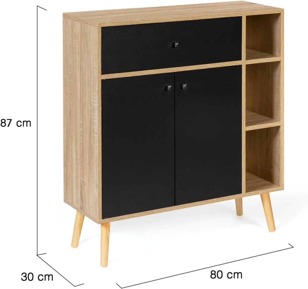 Libreria scandinavo in legno e nero con armadio e cassetto EMMIE