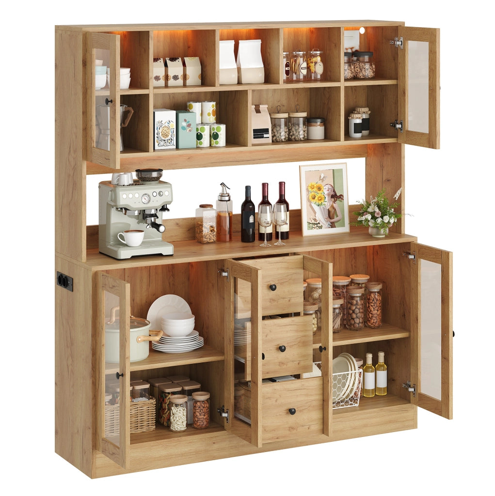 Mobile cucina ULEVR 150x40x173 cm con LED RGB, prese e USB, 3 cassetti e ripiani regolabili, naturale