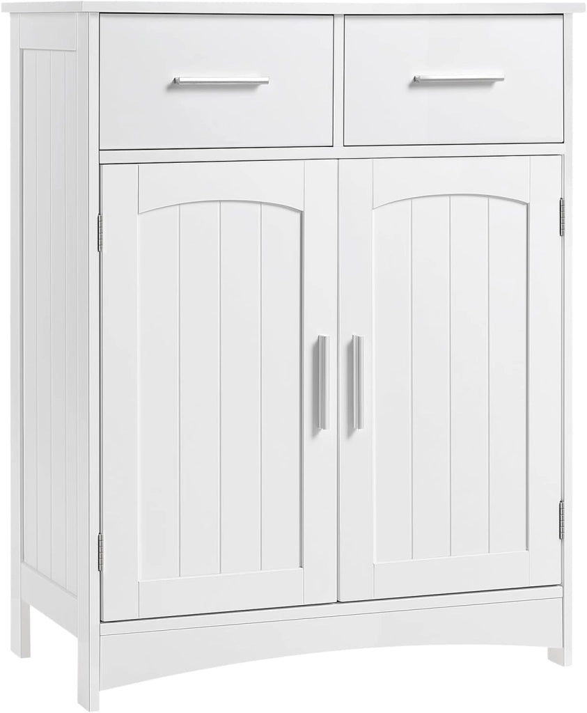 Armadietto da Bagno, Mobile per Bagno Salvaspazio, Mobiletto da Terra con 2 Cassetti e Armadietto a 2 Ante con Ripiano Regolabile, Armadio in Legno, Bianco, 60x30x76 cm