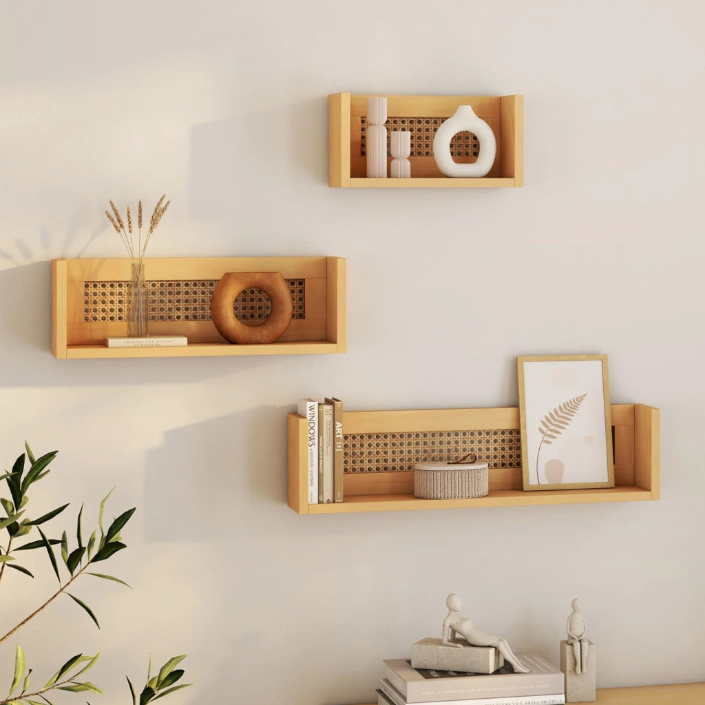 IDMarket - Set di 3 mensole da parete EDHEN in legno e canna 60/45/30 cm