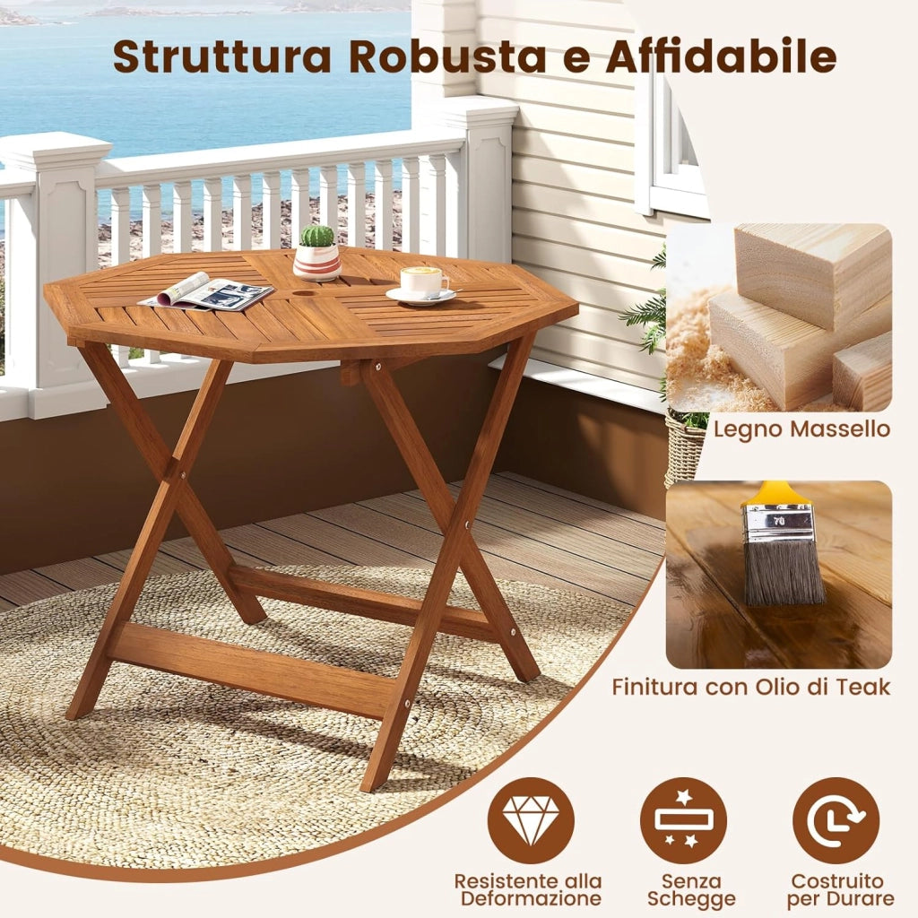Tavolino da Giardino con Foro per Ombrellone da 5 cm, Tavolino da Caffè in Legno Massello con Struttura a Forma di X Robusta per Patio, Cortile e Bordo Piscina, 90 x 90 x 72 cm