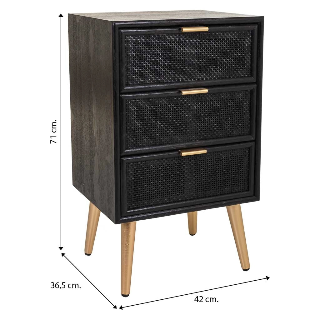 Comodino in legno laccato nero e rete 42x36,5x71