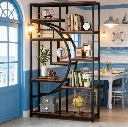 Libreria geometrica a 9 ripiani aperti in metallo e finitura legno