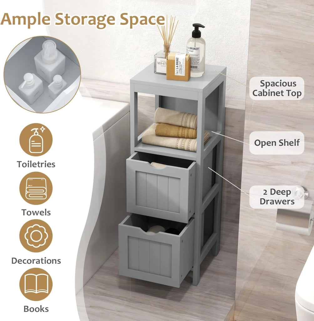 Mobile Bagno Stoccaggio a 3 Livelli, Colonna Bagno Cassettiera Armadio con Mensola Aperta e 2 Cassetti, Armadio su Piede per Soggiorno, Cucina, WC, 30 x 30 x 90 cm (Grigio)