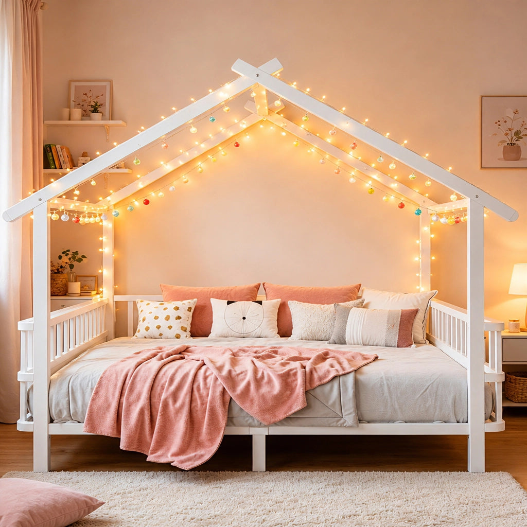 Letto per bambini 140 × 200 cm a forma di casa con barriera di sicurezza, senza materasso, in metallo, bianco