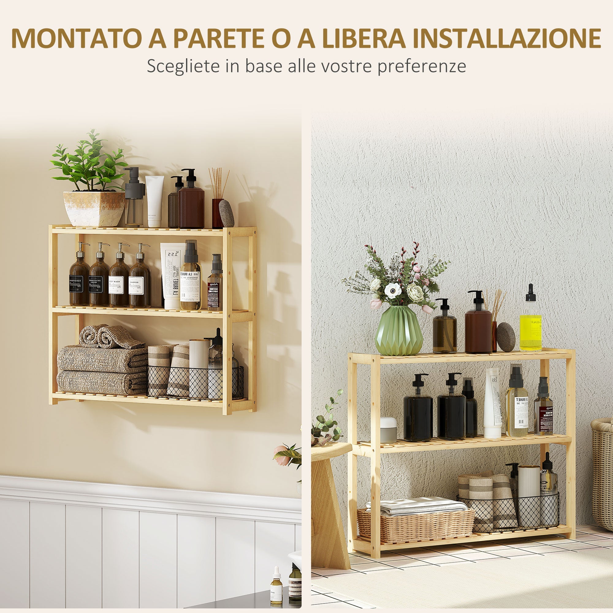 Scaffale per il Bagno 60x15x50 cm 3 Ripiani Regolabili in 5 Posizioni in Bambù
