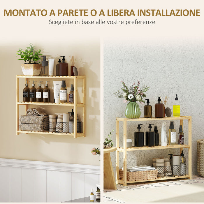 Scaffale per il Bagno 60x15x50 cm 3 Ripiani Regolabili in 5 Posizioni in Bambù
