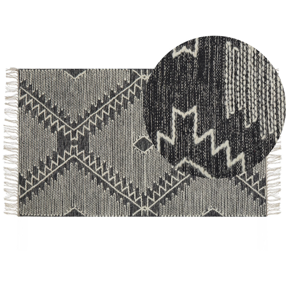 Tappeto in cotone bianco panna nero 80 x 150 cm lana motivo geometrico nappe tribale orientale