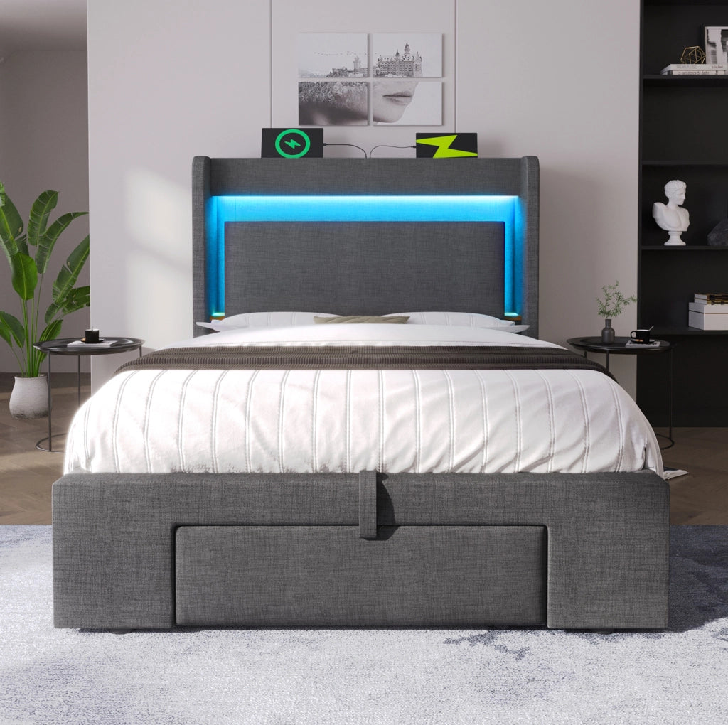 Letto imbottito 90x200 cm grigio con contenitore idraulico, LED, USB e materasso