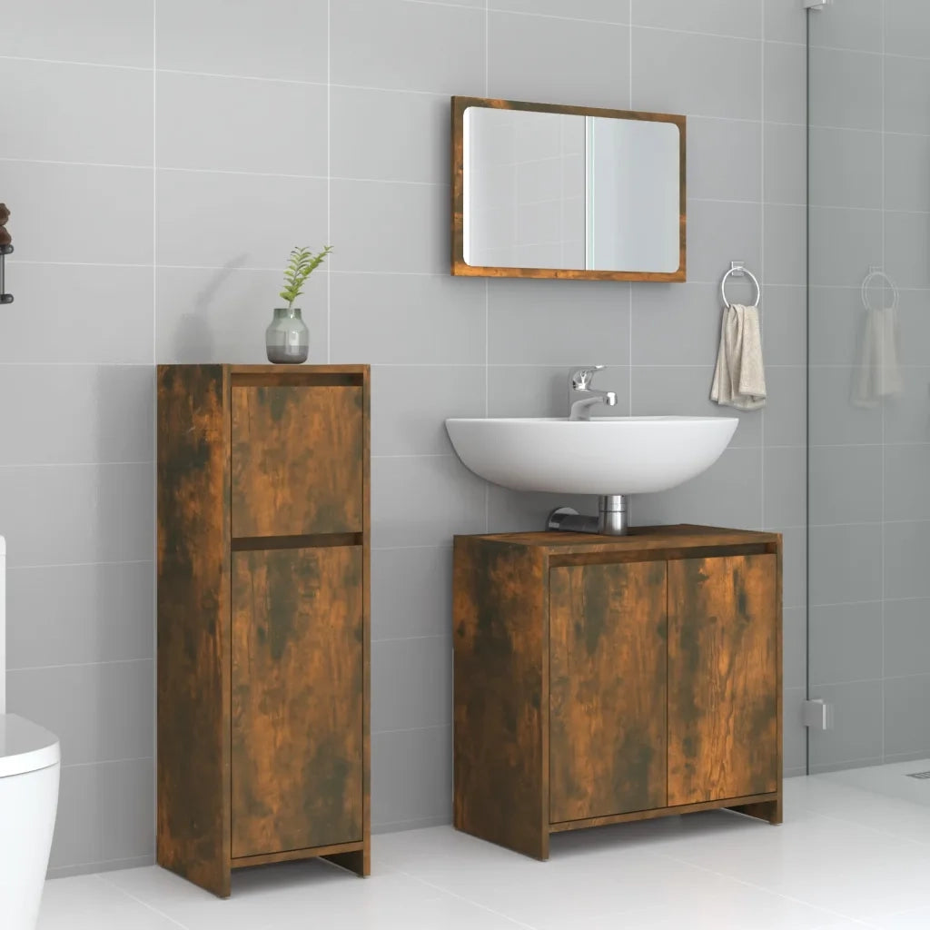 Set Mobili da Bagno | Armadio da bagno 3 pz Rovere Fumo in Legno Multistrato
