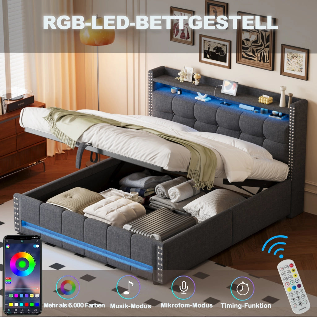 Letto Matrimoniale 160x200 cm; Letto Contenitore con USB; LED e Mensole in Tessuto Grigio
