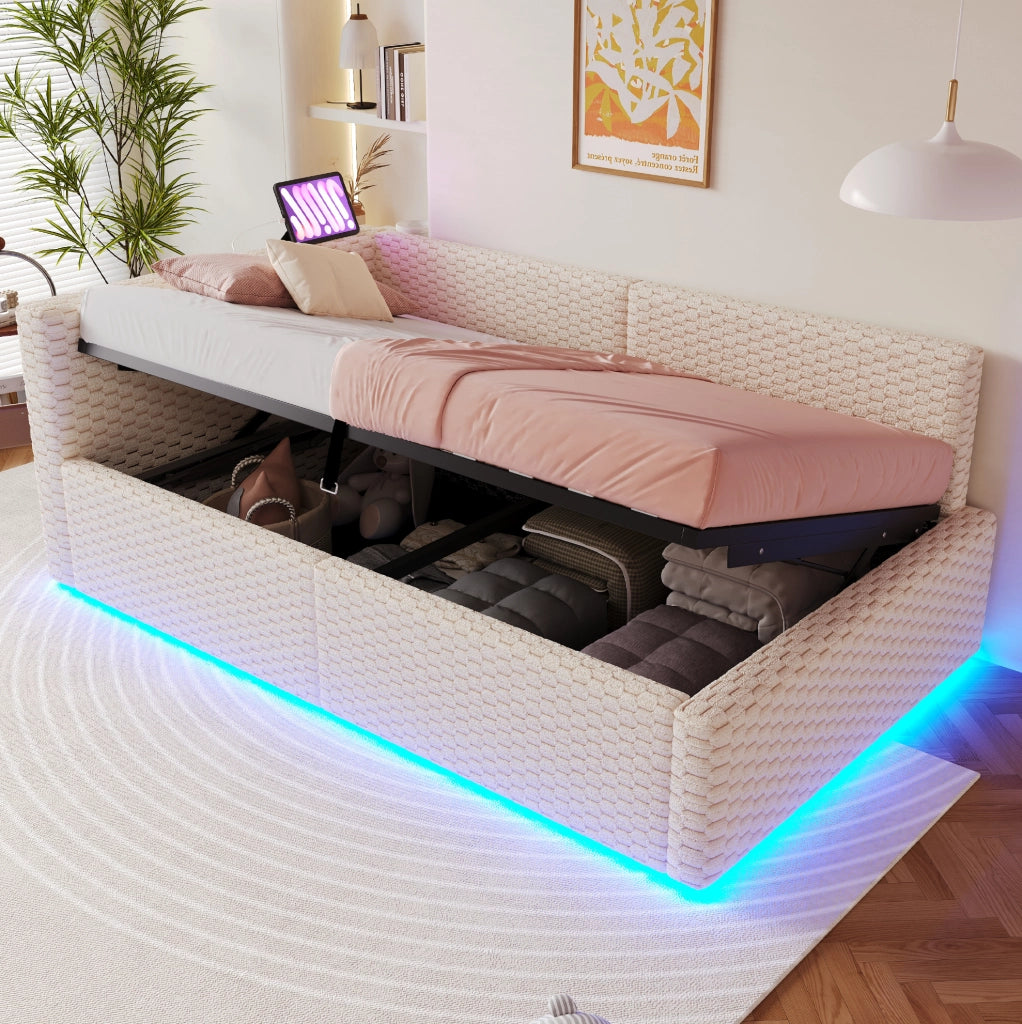 Letto imbottito 90x200 cm con vano contenitore, LED e porte USB/Type-C