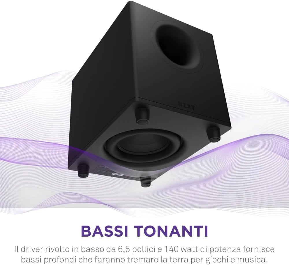 Relay Subwoofer da scrivania per gioco su PC - AP-SUB80-EU - 140 Watt - Bassi profondi e potenti - Driver rivolto in basso da 6,5 pollici - Manopole per controllo crossover e fase - Nero