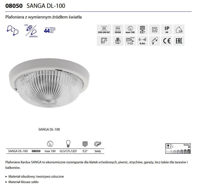 Plafoniera Kanlux Sanga 8050 25cm IP44 E27 vetro bianca