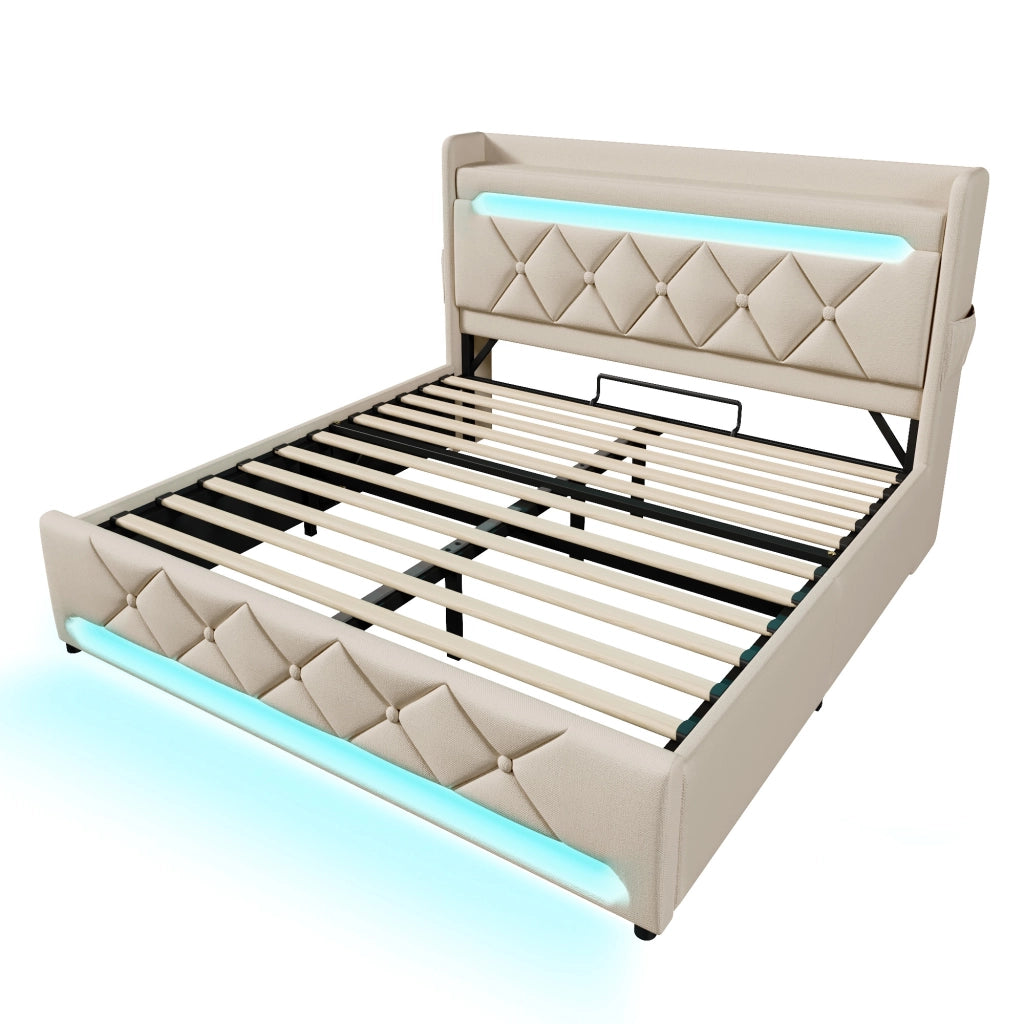 OKWISH Letto Contenitore 180×200 cm, Letto Matrimoniale con LED 360°, USB, Tipo C e Testiera con Contenitori, senza Materasso, in Lino, Beige