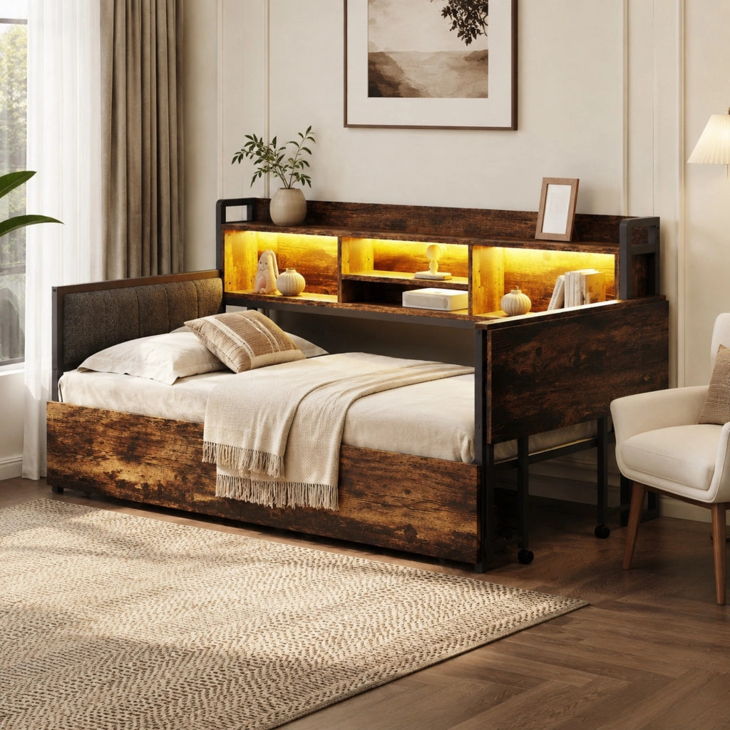 LETTO Singolo 90x200 cm con scrivania pieghevole LED e cassetti Bianco/Legno
