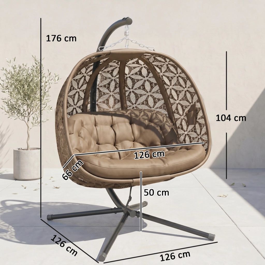 Poltrona pensile 2 posti pieghevole con supporto, sedia sospesa con cuscino imbottito, portabicchieri e cintura, per giardino e terrazzo