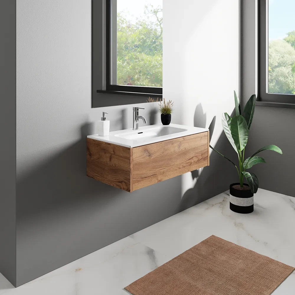 Mobile bagno sospeso 80cm un cassetto apertura push&pull rovere gransasso con lavabo | Galdor