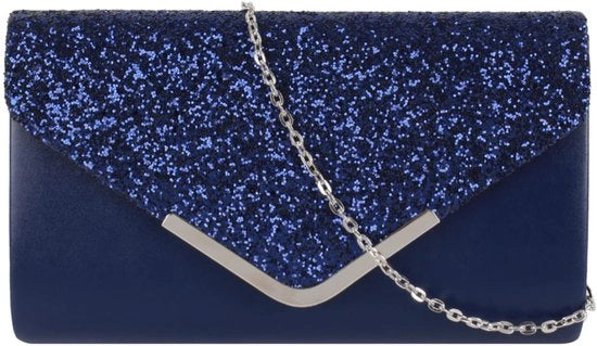 Clutch Elegante per Donna con Glitter e Strass, Tasca a Mano con Cinturino in Orologio per Matrimonio e Festa di Promozione (Pelle Blu)