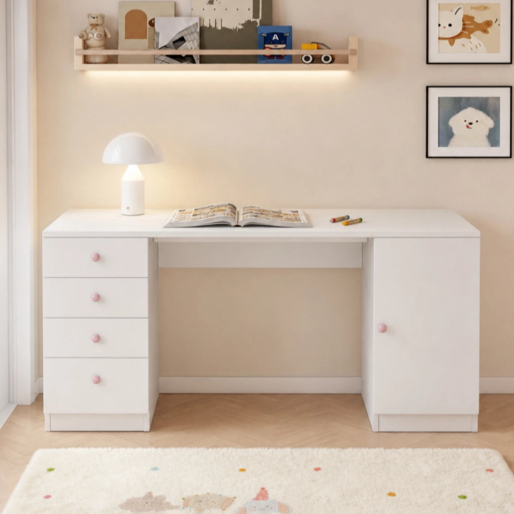 Scrivania lineare con 4 cassetti e armadietto con ripiano; piano ampio per studio e ufficio; in MDF; bianco 155×45×74 cm
