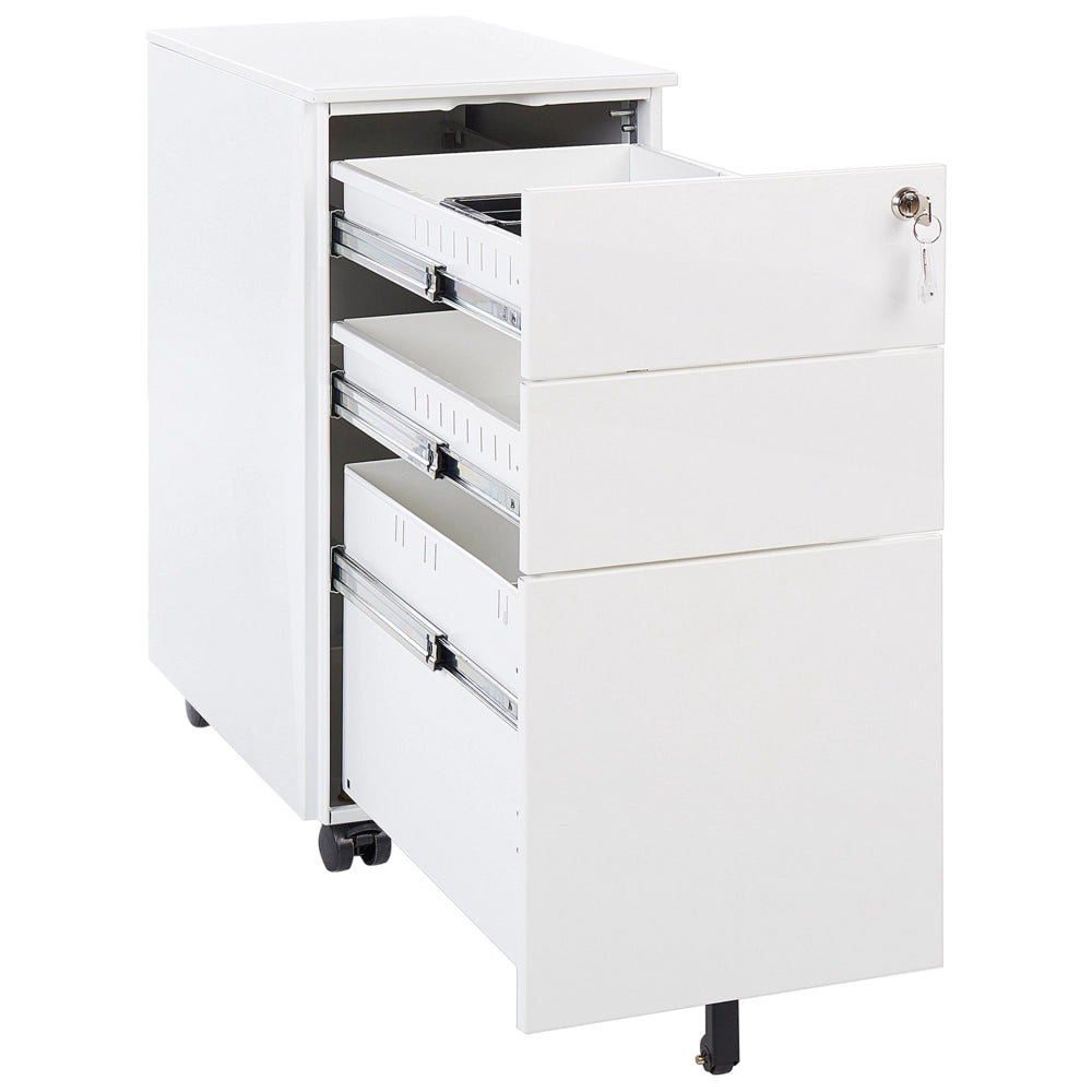 Armadietto mobile contenitore in metallo bianco con 3 cassetti con serratura a chiave e ruote industriali moderno Home Office Garage