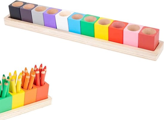 Cassetta per matite in legno, cassa per matite in legno massello, cassetta per matite in legno, organizzatore per matite Montessori per bambini, 11 contenitori organizzatore per matite Montessori per ufficio, casa, scuola, 44,4 x 6 x 6,3 cm