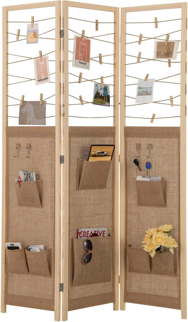 Paravento pieghevole a 3 pannelli. Separatore di privacy in legno con 8 tasche, 4 ganci e spago per appendere con 20 clip in bambù, 120 x 170 x 2 cm