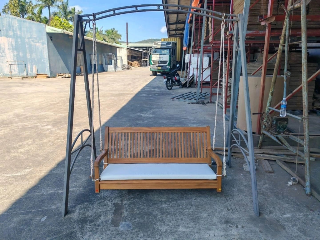 Altalena da Giardino per 2 Persone, Panca Sospesa in Legno di Acacia con Schienale Ergonomico e Morbido Cuscino, Panchina da Appendere per Giardino e Cortile, Portata 360 kg