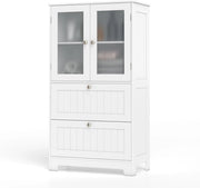 Armadietto da bagno con ante in vetro e ripiano regolabile, per bagno, cucina e soggiorno, 60 x 30 x 108 cm (2 cassetti + 1 armadio, bianco)
