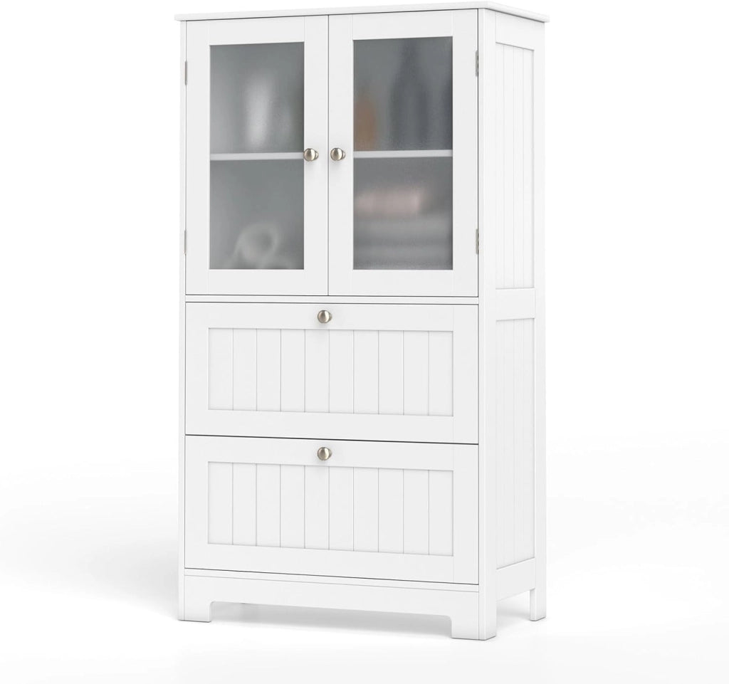Armadietto da bagno con ante in vetro e ripiano regolabile, per bagno, cucina e soggiorno, 60 x 30 x 108 cm (2 cassetti + 1 armadio, bianco)