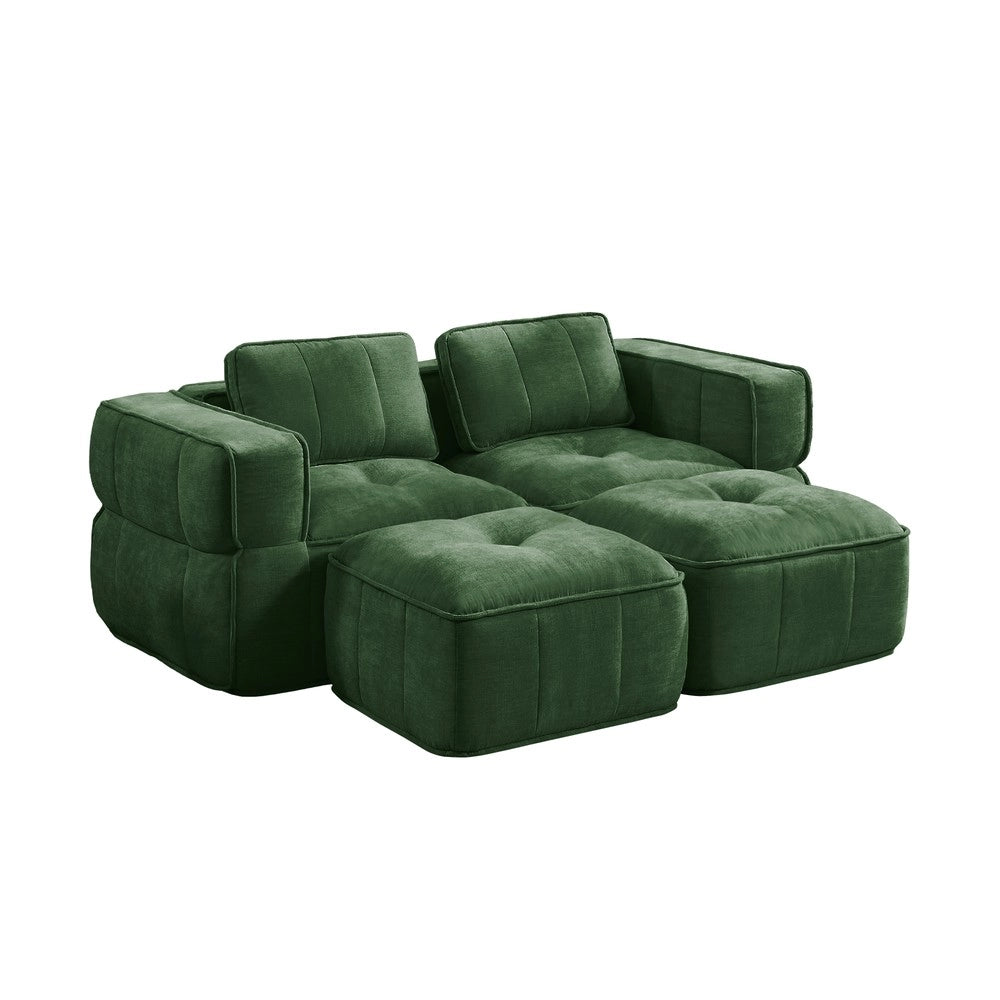 Divano 2 posti con poggiapiedi ¨C Minimal ¨C tessuto verde imbottito morbido