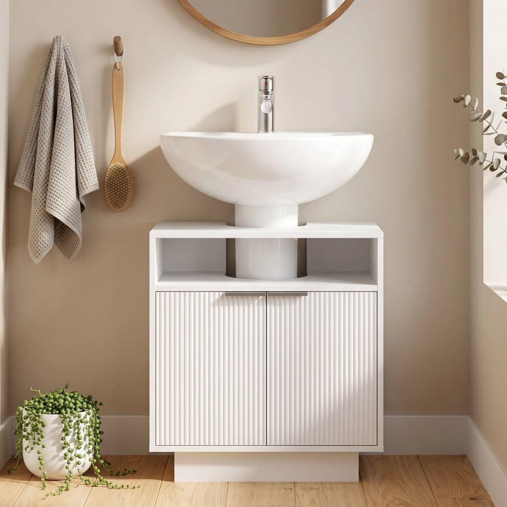 Mobiletto Sottolavabo con 2 Ante e Compartimento Aperto ¨C Zephmum ¨C Bianco 60x33x63 cm