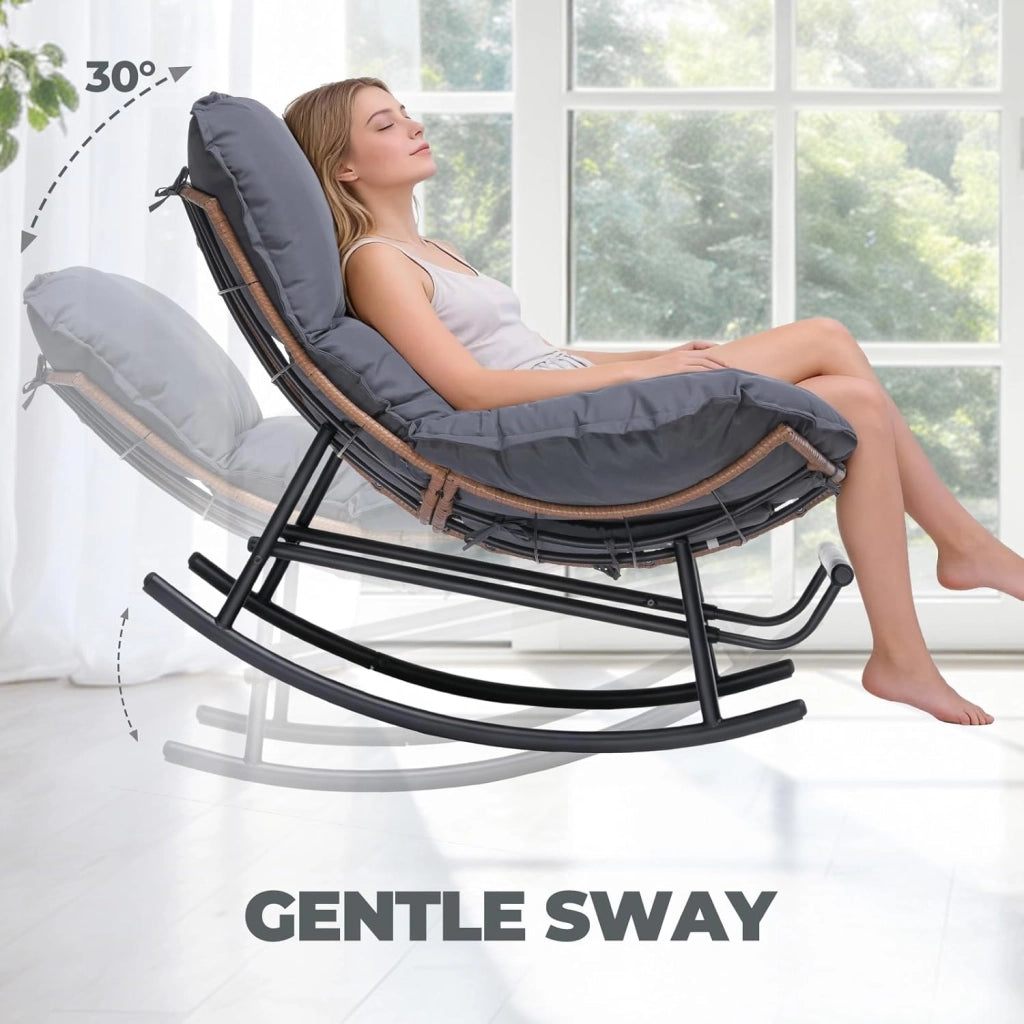 Sedia a dondolo, poltrona relax, struttura in acciaio, poggiapiedi estraibile, portata fino a 136 kg, per dormire, soggiorno, terrazza, giardino, grigio