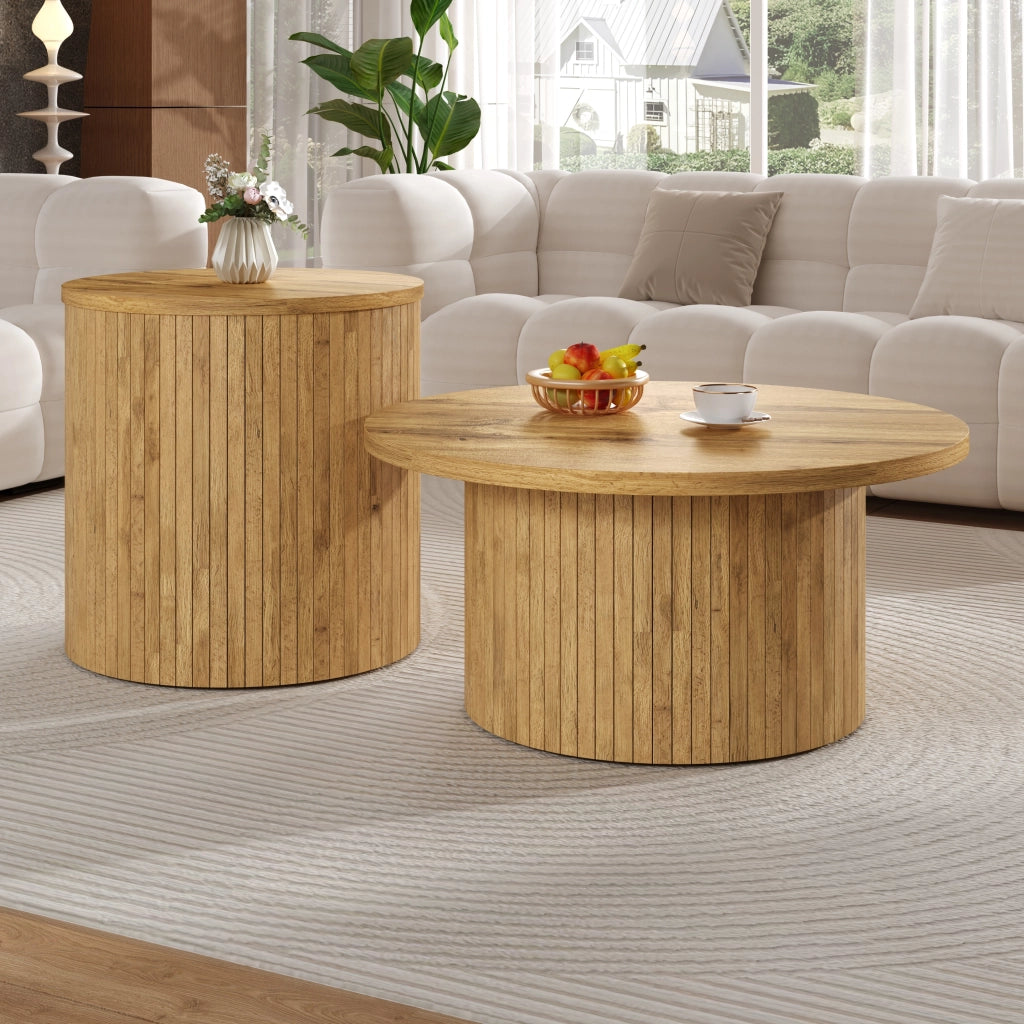 Tavolini bassi impilabili con 2 piani rotondi; design componibile per soggiorno; in MDF; 75 × 75 × 36 cm; Naturale