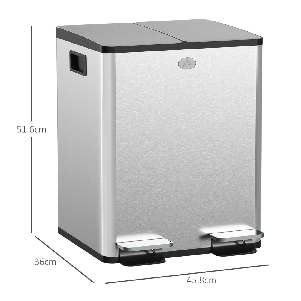Bidone Immondizia a 2 Sezioni da 20L con Chiusura Silenziosa, in Acciaio Inox e PP, 45.8x36x51.6 cm