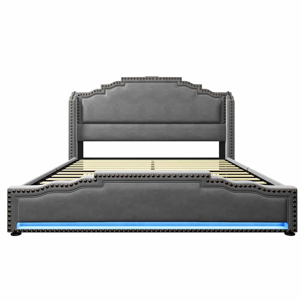Letto matrimoniale-Xylo-140x200 cm-4 cassetti, LED, USB-C, velluto grigio, con materasso