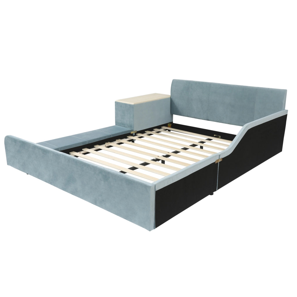 Letto imbottito 140x200 cm blu in velluto con scrivania laterale e sgabello