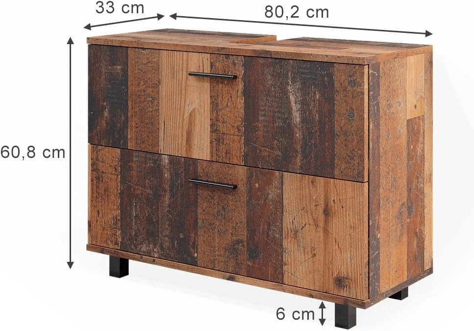 Mobile sottolavabo per bagno Ilias, Rovere rustico, 80 x 60.8 cm con 2 cassetti, con ritaglio per sifone e aperture di ventilazione laterali