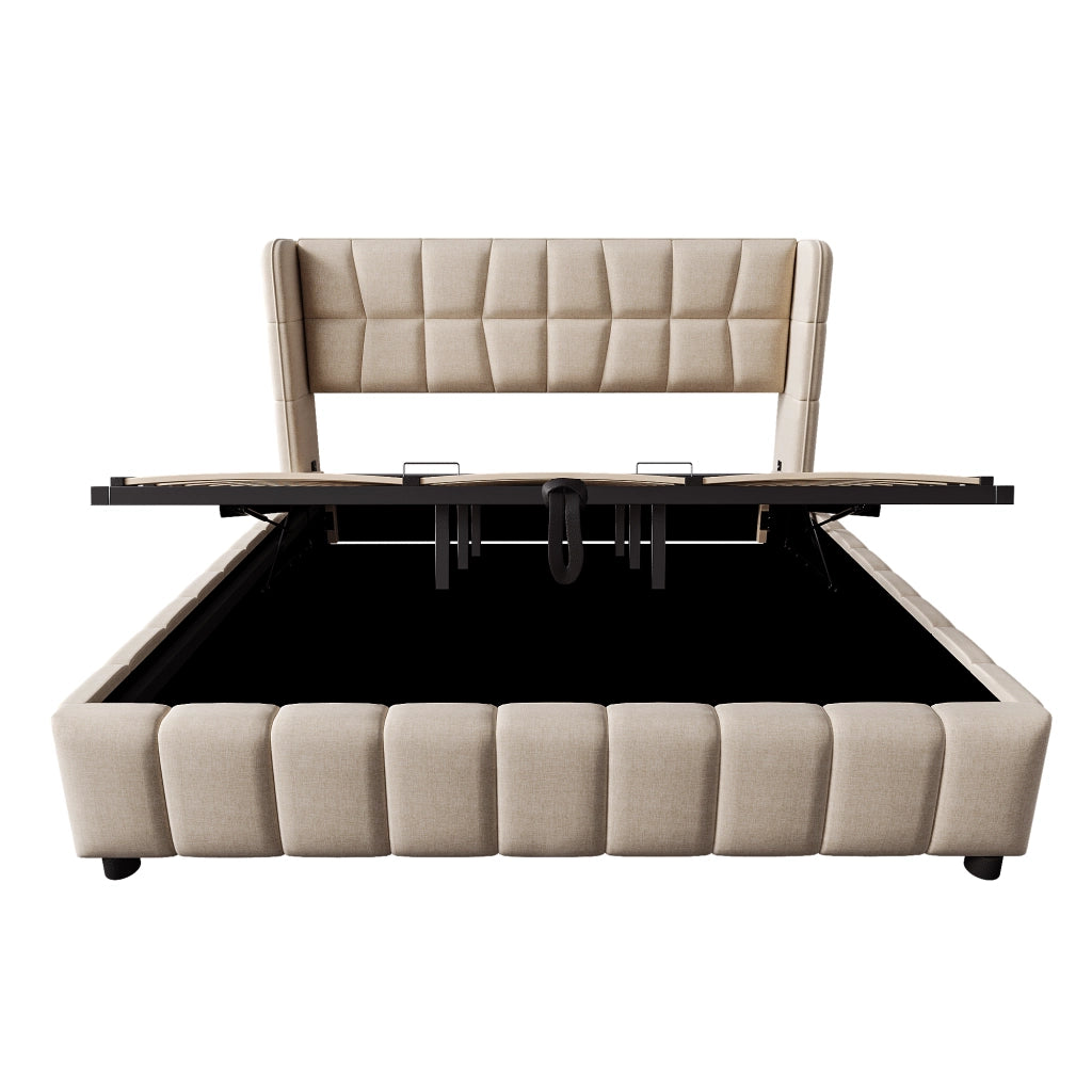 Letto matrimoniale in lino beige 180x200 con doghe pneumatico e testiera
