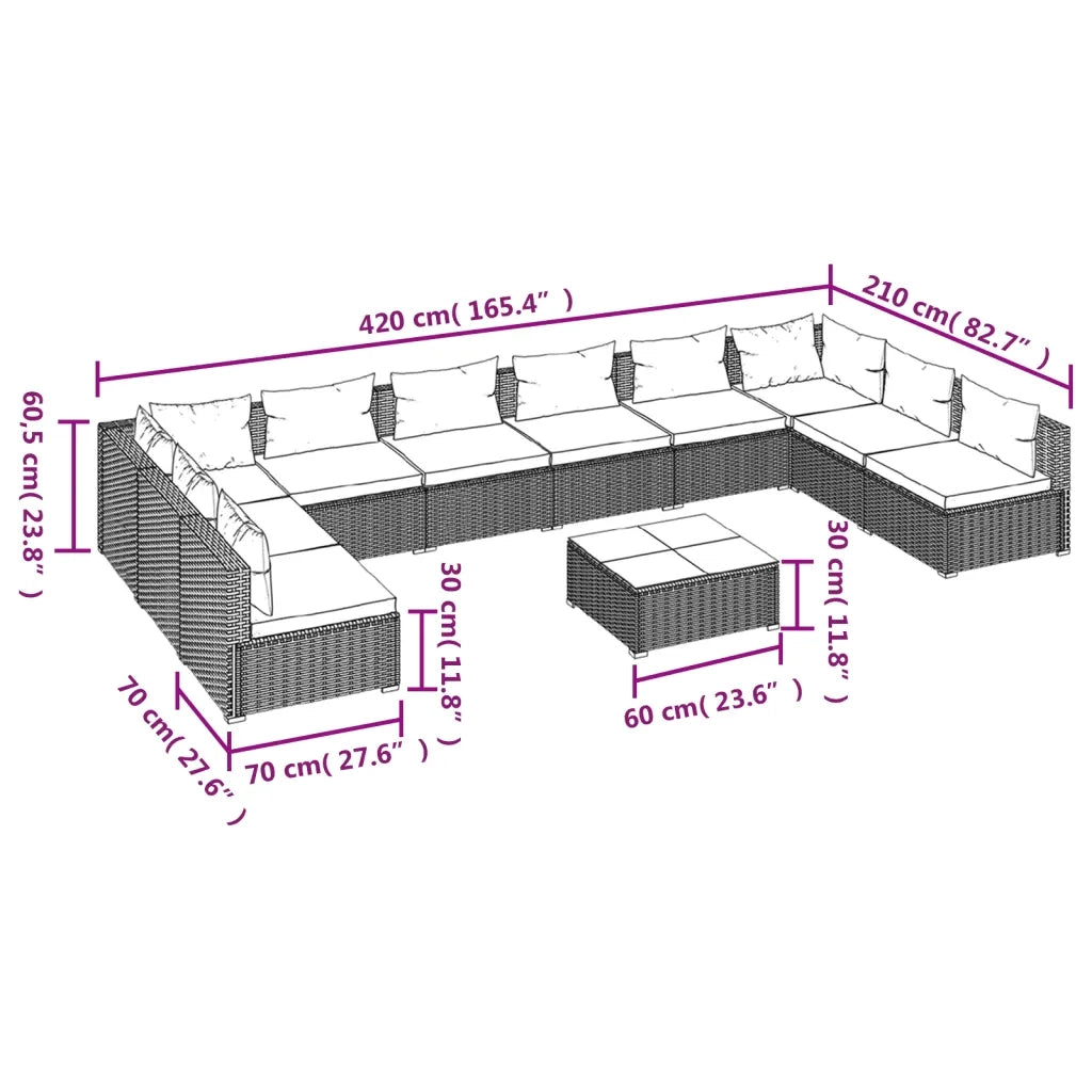 Set Divani da Giardino 11 pz con Cuscini in Polyrattan Marrone 3101931