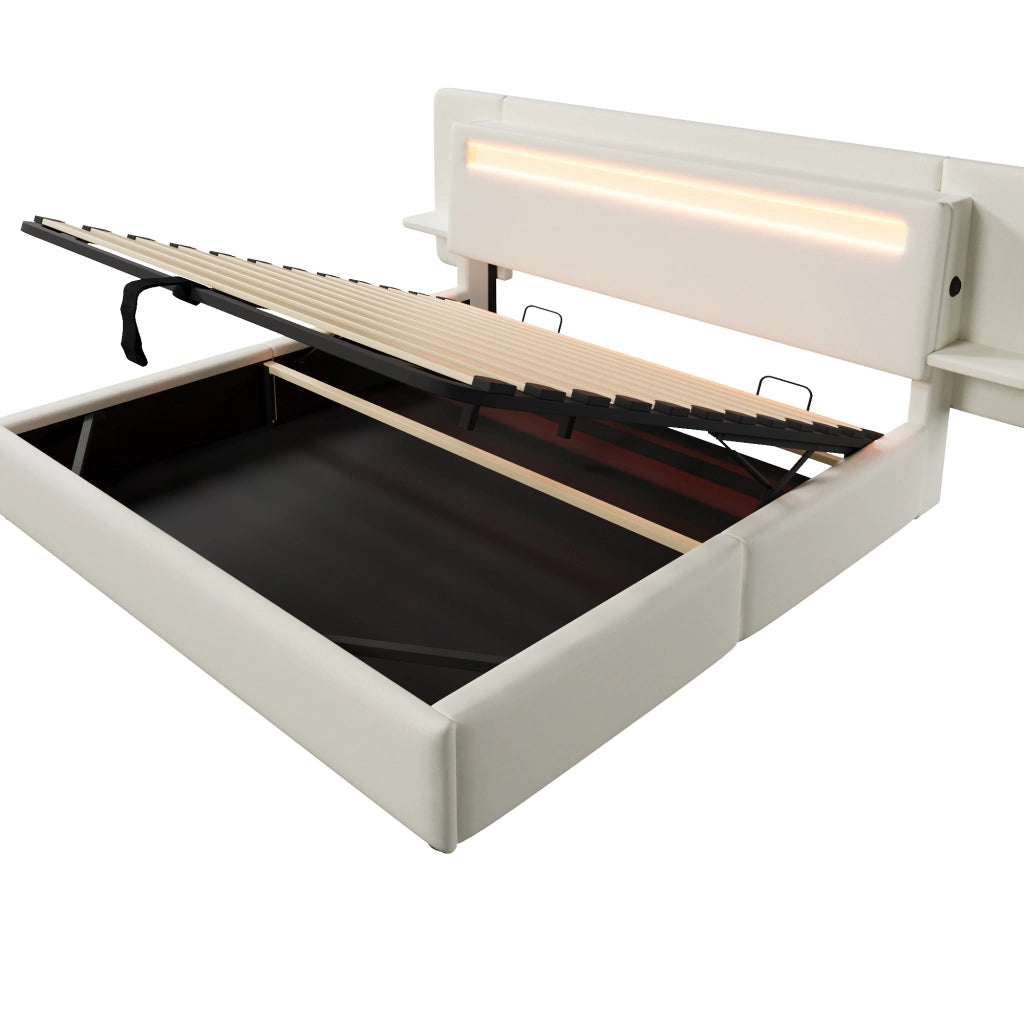 Letto imbottito 180x200 cm in lino beige con contenitore; LED multicolore e presa USB