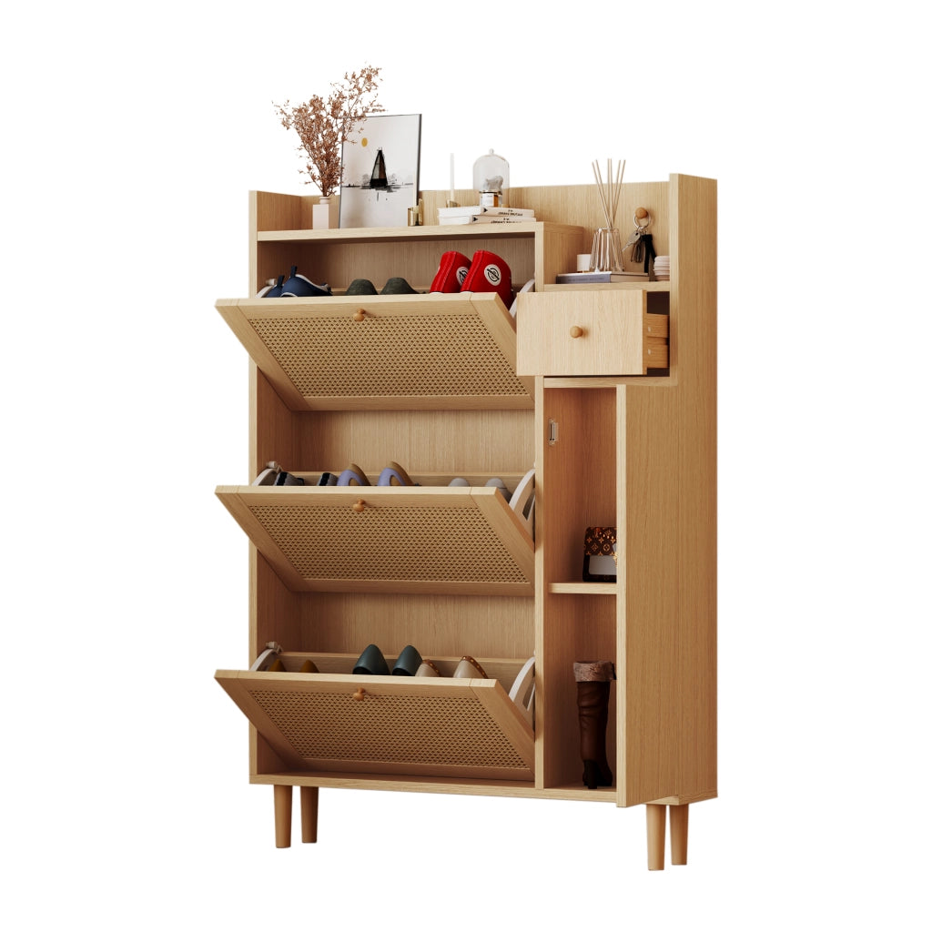 Armadio portascarpe salvaspazio in MDF con ante a ribalta, 1 cassetto e piedini in legno, colore naturale, 90 x 125 x 17 cm